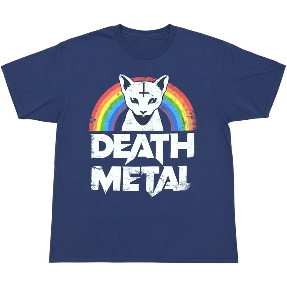 Death Metal Cat Rainbow Graphic T-Shirt Men XL Navy Blue Funny Novelty Goth Punk